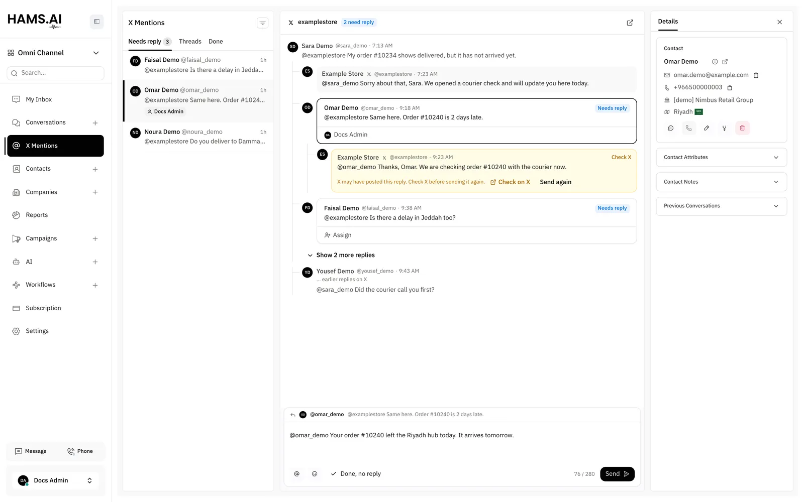 The reply box replies to the selected post on X, counts the characters, and can close the post with no reply.