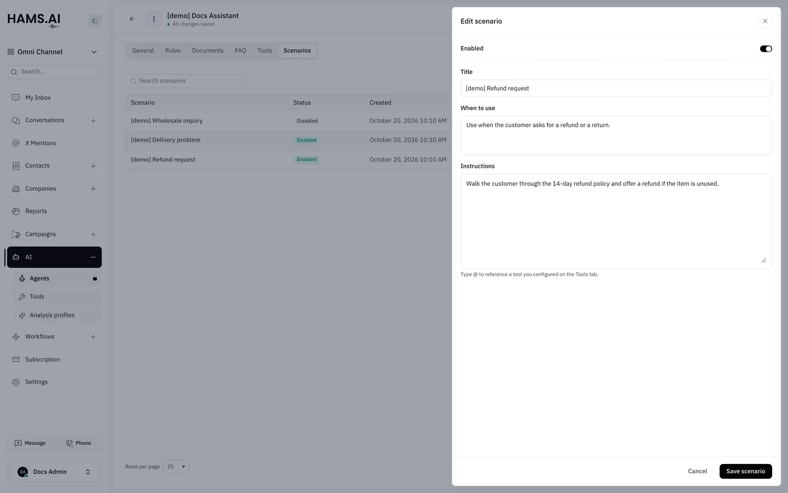 The Scenarios tab: each scenario is a sub-agent that the main AI agent can transfer the conversation to.