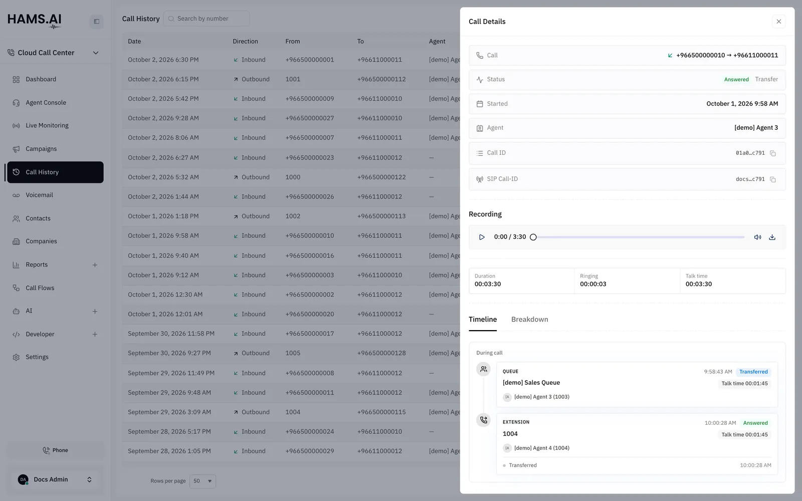 The call details drawer with the timeline of the call: the queue, the transfer, and the extension that answered.