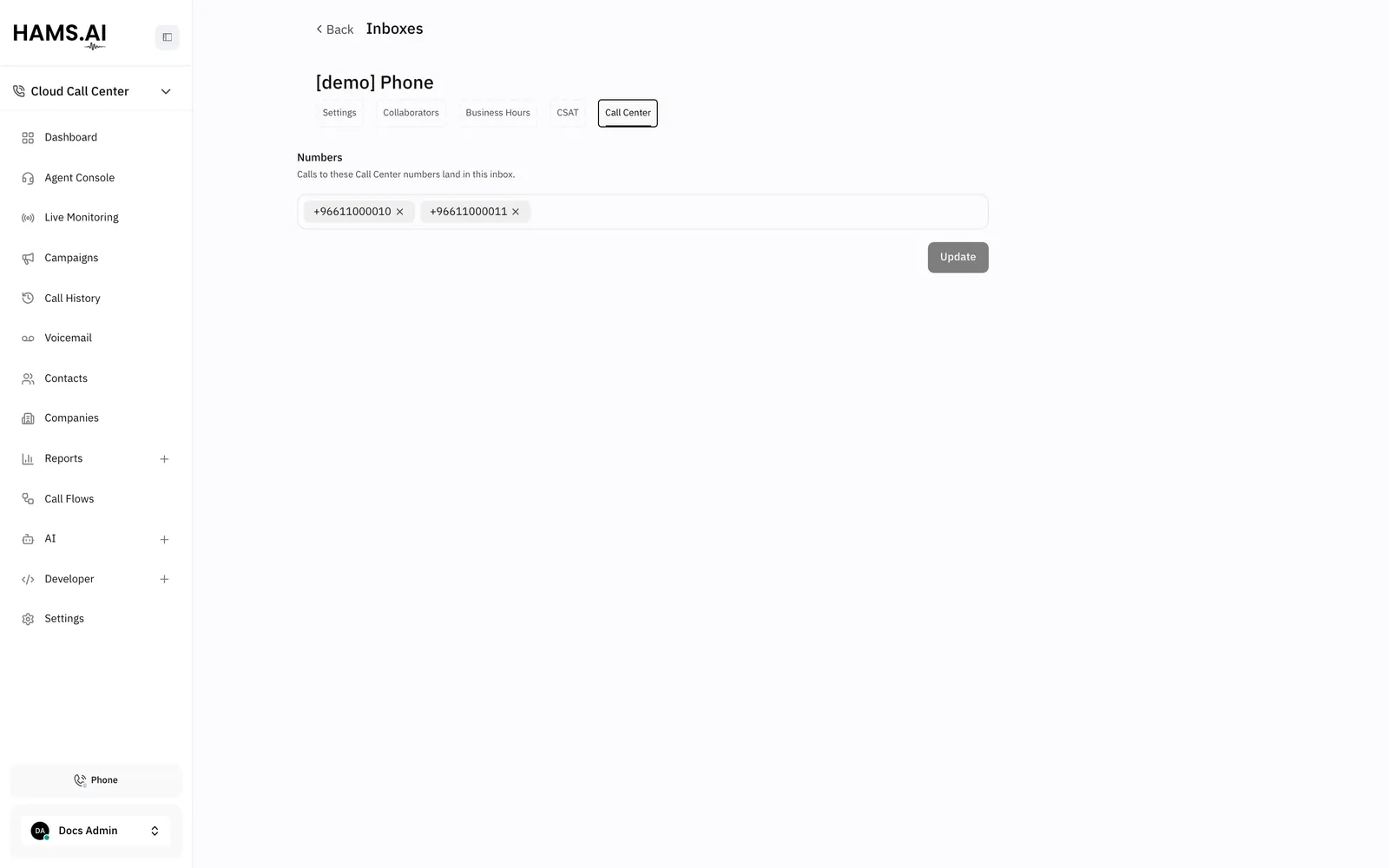 The Call Center tab of a Phone inbox shows the DIDs that the inbox gets calls on.