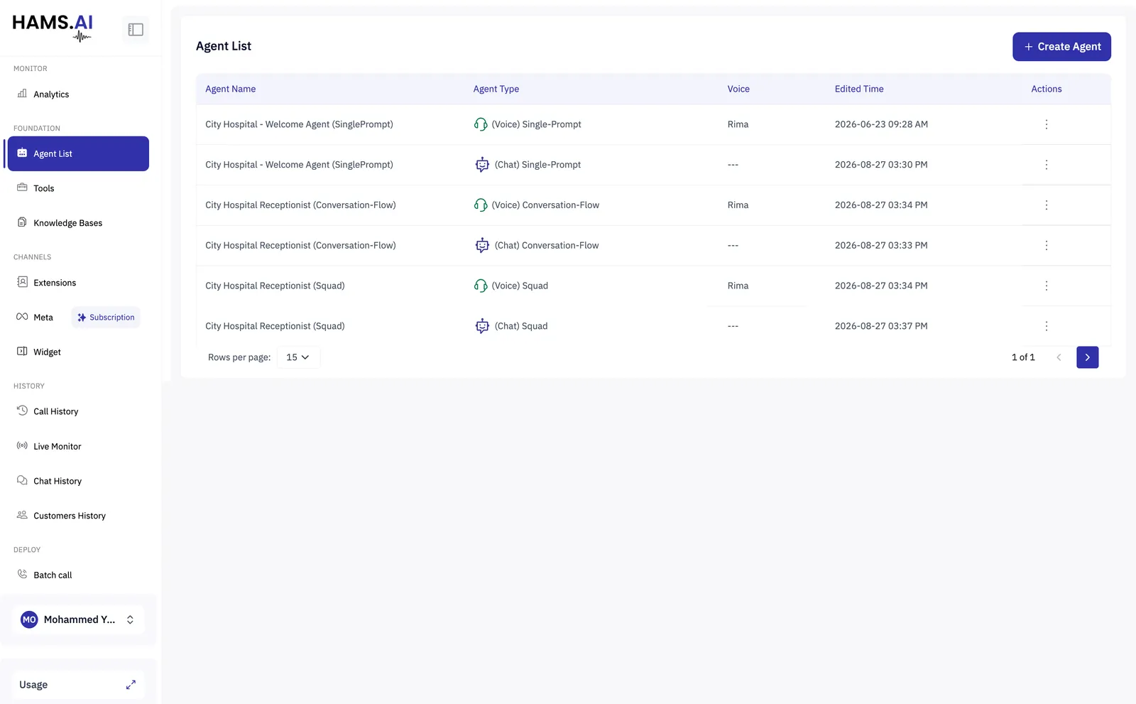 The Agent List page, listing agents with their type, voice and last edited time.
