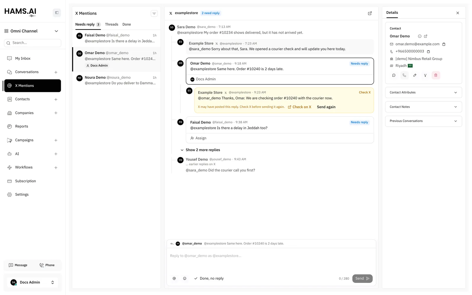 The X Mentions view shows the posts that need a reply, the thread of the selected post, and the contact.