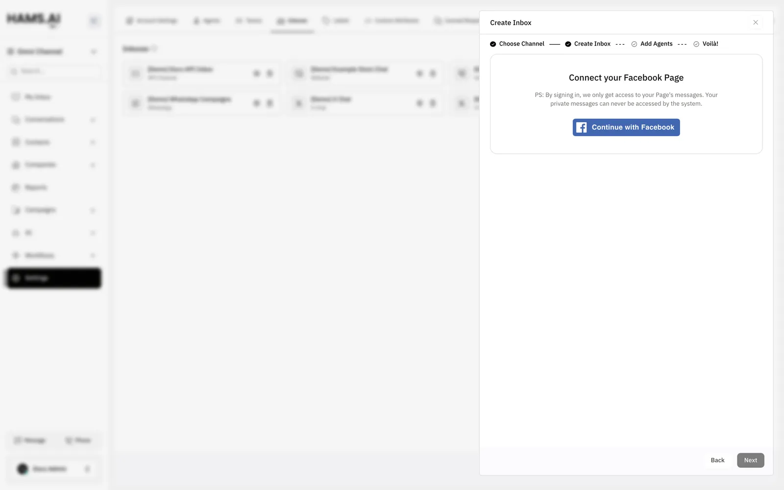 The Create Inbox step of the Facebook channel shows the Facebook sign-in button.