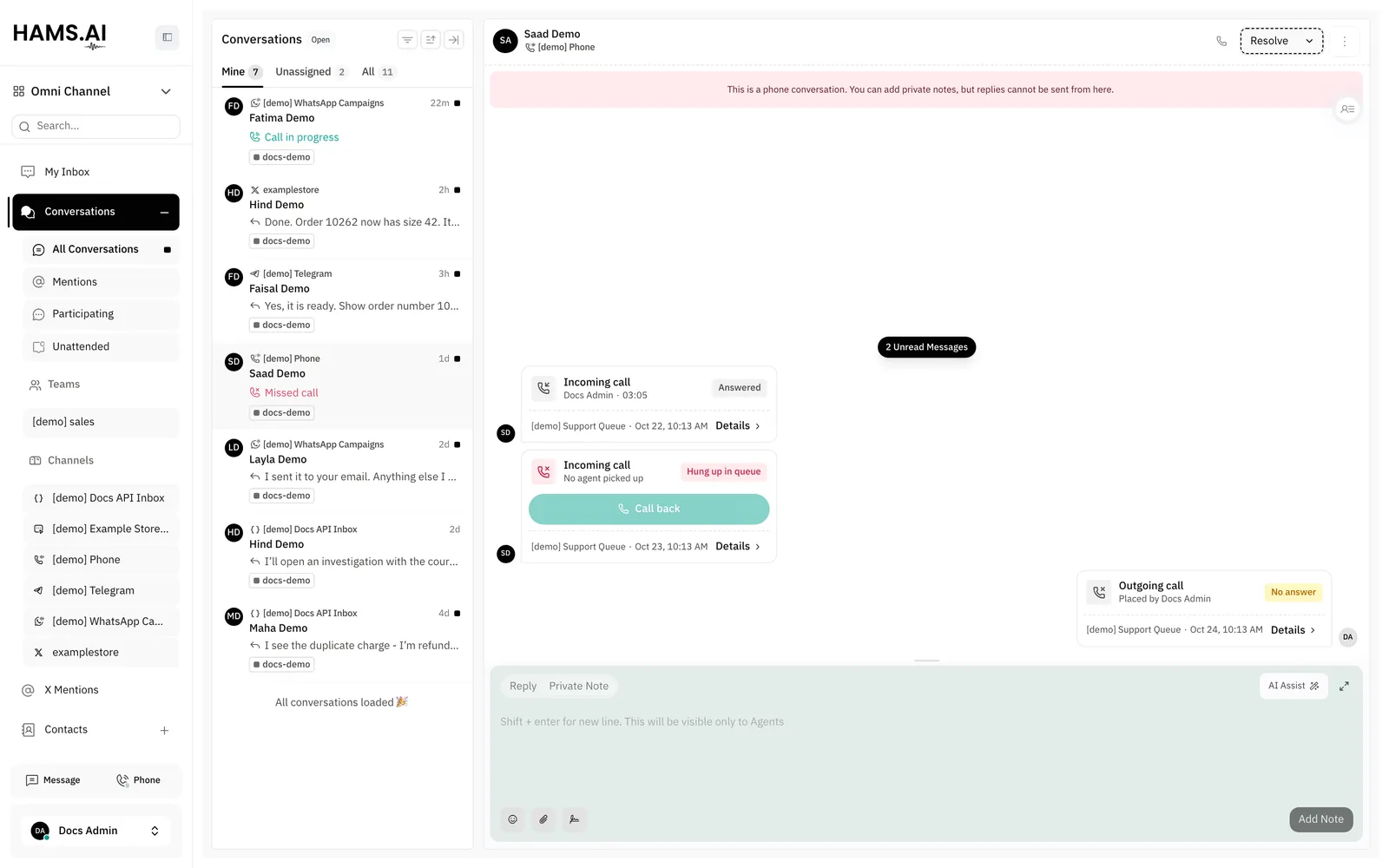 A Phone conversation of a contact: an answered call, a call that ended in the queue, and an outbound call with no answer. The reply box accepts only private notes.