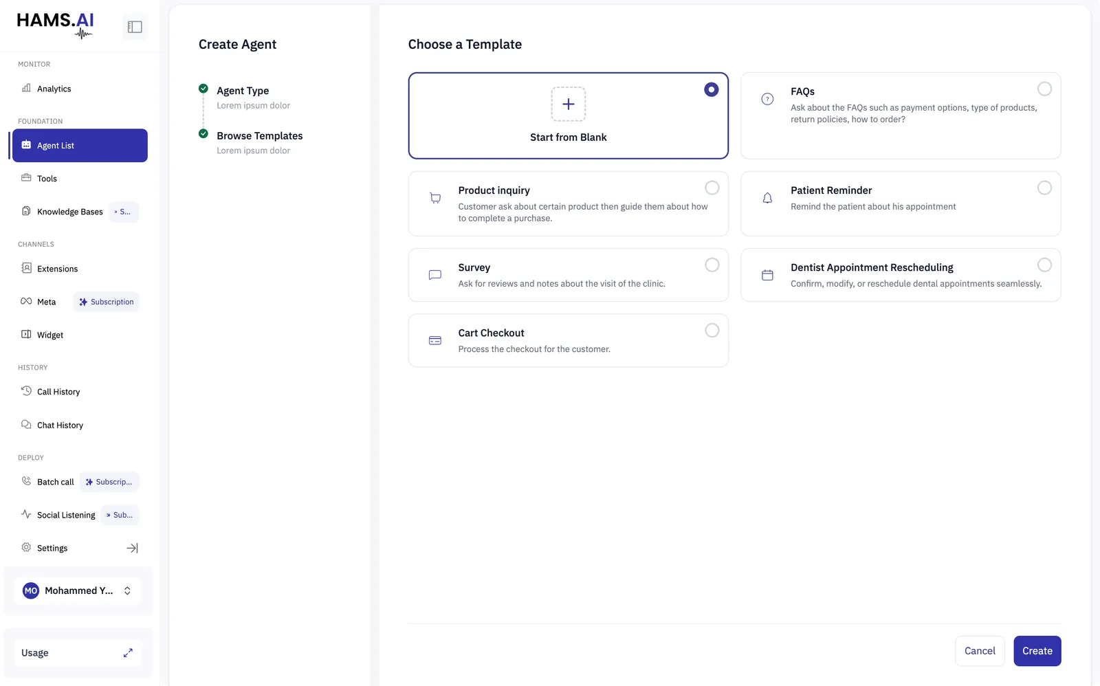 The Choose a Template step, offering Start from Blank and six ready-made templates.