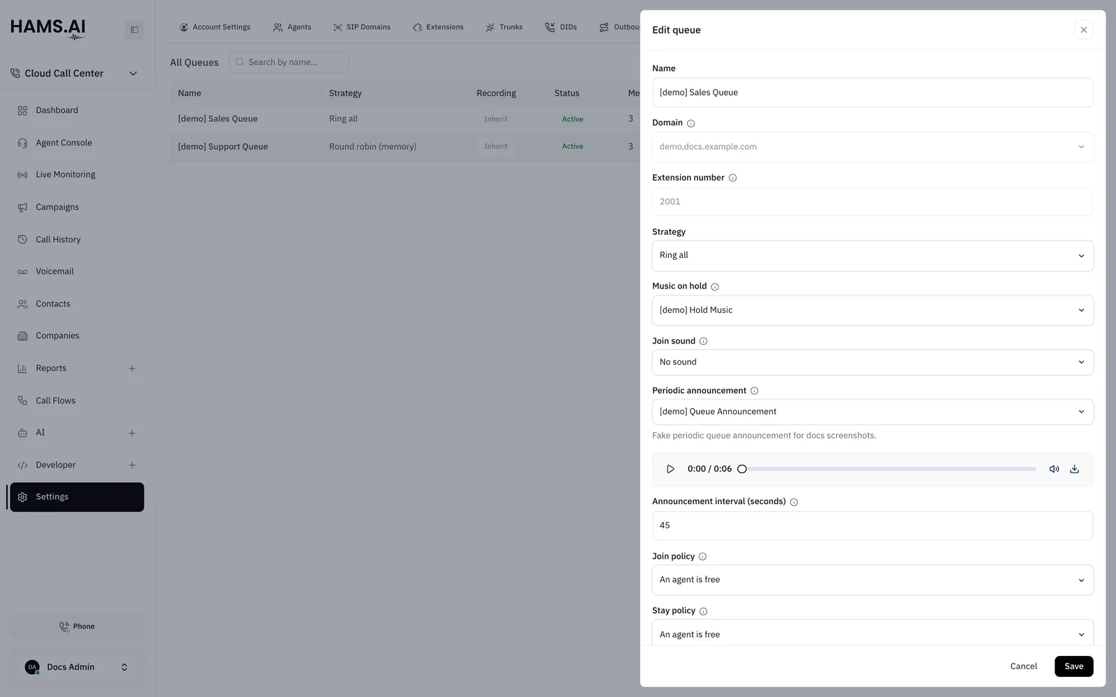 The Queues tab with a queue open on its distribution strategy, hold music and announcements.