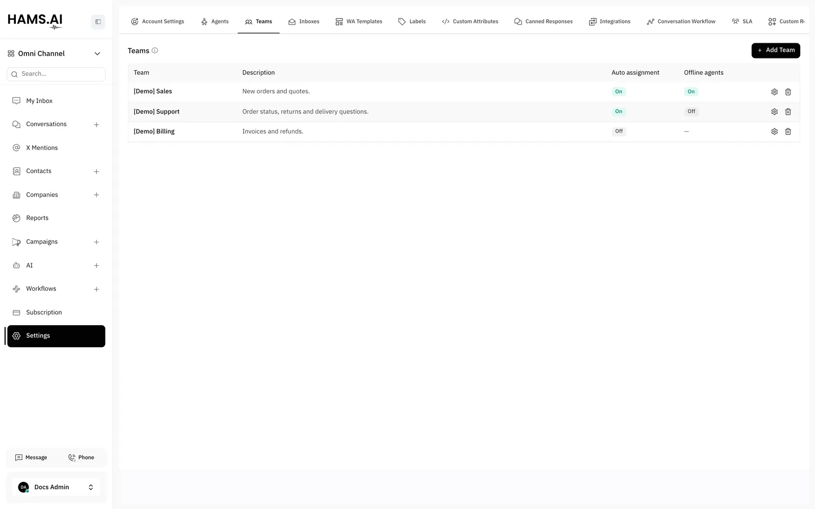The Teams page shows each team with its auto assignment and offline agent settings.
