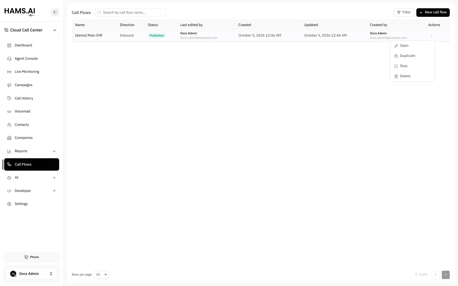 The call flow list: the status, the last editor, and the creator of each flow, and the row menu with Stop on a published flow.